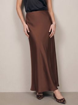 Outzidr - Brown High Waist Satin Skirt