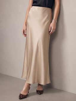Outzidr - Beige High Waist Satin Skirt
