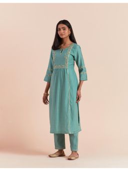 Priya Chaudhary - Teal Blue Embroidered Kurta with Pant (Set of 2)