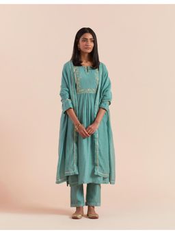 Priya Chaudhary - Teal Blue Embroidered Kurta with Pant and Dupatta (Set of 3)