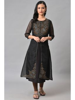 W - Black Printed Inner Kurta with Outer Jacket (Set of 2)