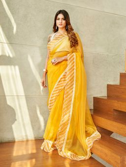 Tikhi Imli - Yellow Colored Organza Saree with Lehariya Frill with Unstitched Blouse