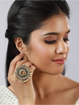 Aatmana - Gold Plated Green and White Kundan Studded and Beaded Finger Ring