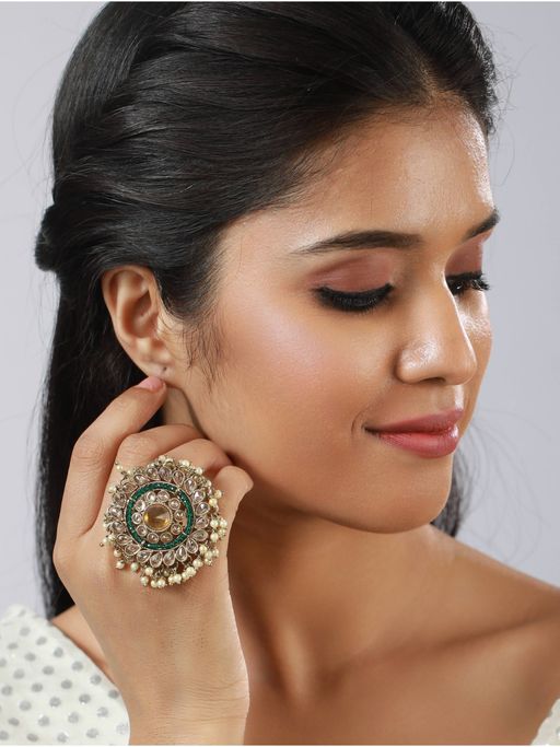 Aatmana Gold Plated Green and White Kundan Studded and Beaded Finger Ring