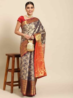 Silk Land - Womens Brocade Soft Silk Navy Blue Zari Woven Saree with Unstitched Blouse
