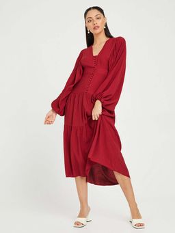 Styli - Maroon Long Volume Sleeves Tiered Midi Dress