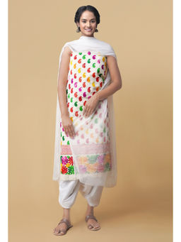 Unnati Silks - Unstitched White Pure Handwoven Phulkari Cotton Salwar Kameez (Set of 3)