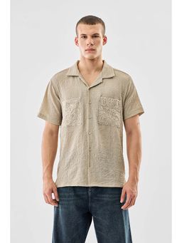 Snitch - Beige Textured Half Sleeves Boxy Casual Shirt