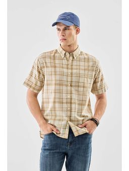 Snitch - Beige Plaid Checks Half Sleeves Regular Casual Shirt
