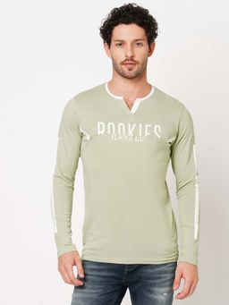 ROOKIES - Light Green Solid Slim Fit Full Sleeve Round Neck T-Shirt