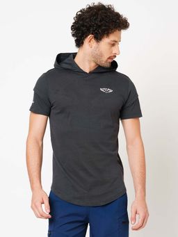 ROOKIES - Men Black Solid Half Sleeve Hoodie Neck T-shirt