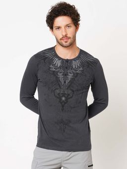 ROOKIES - Men's Grey Casual Full Sleeve Front Printed T-shirt