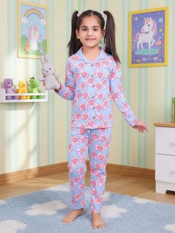 CASA DE NEENEE - Blue Sweet Hearts Range Full Sleeves Shirt and Pyjama Set for Girls