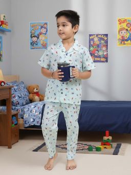 CASA DE NEENEE - Aqua Bear Ferry Range Half Sleeves Shirt and Pyjama Set for Boys