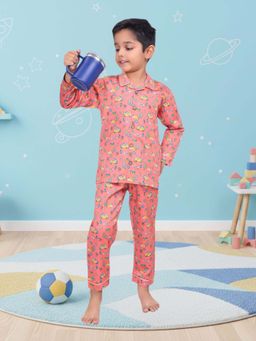 CASA DE NEENEE - Rust Campfire Cuddles Full Sleeves Shirt and Pyjama Set for Boys