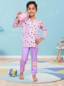 CASA DE NEENEE - Purple Tiny Traveler Range Full Sleeves Shirt and Pyjama Set for Boys