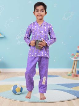 CASA DE NEENEE - Purple Giraffe Snugs Range Full Sleeves Shirt and Pyjama Set for Boys