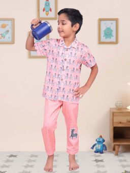 CASA DE NEENEE - Peach Zebra Cuddle Range Half Sleeves Shirt and Pyjama Set for Boys