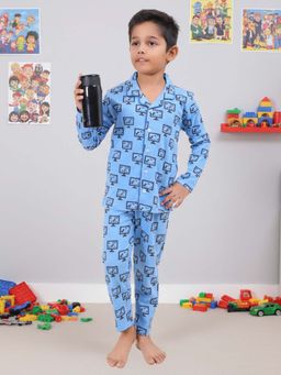 CASA DE NEENEE - Blue Dino Games Full Sleeves Shirt and Pyjama Set for Boys