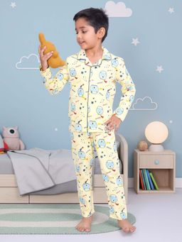 CASA DE NEENEE - Yellow Bearonaut Range Full Sleeves Shirt and Pyjama Set for Boys
