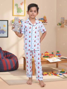 CASA DE NEENEE - Blue Junior Sailor Range Half Sleeves Shirt and Pyjama Set for Boys