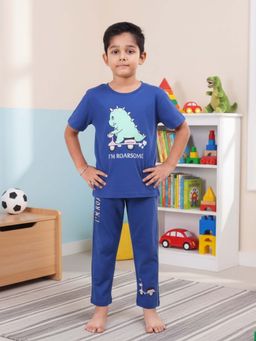 CASA DE NEENEE - Blue Dino Don Range Half Sleeves Tshirt and Pyjama Set Color for Boys
