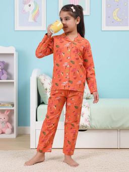 CASA DE NEENEE - Rust Friendly Flamingo Full Sleeves Shirt and Pyjama Set for Girls