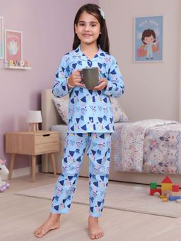 CASA DE NEENEE - Blue Tropical Crew Range Full Sleeves Shirt and Pyjama Set for Girls