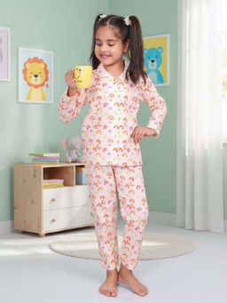CASA DE NEENEE - Peach Rainbow Pj's Range Full Sleeves Shirt and Pyjama Set for Girls