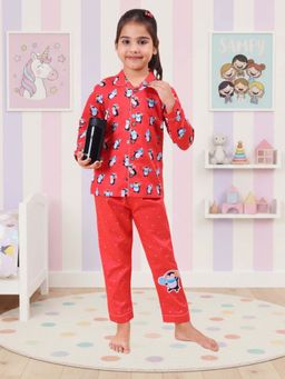 CASA DE NEENEE - Red Silly Penguin Range Full Sleeves Shirt and Pyjama Set for Girls