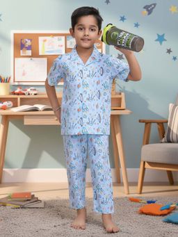 CASA DE NEENEE - Blue Astro Snugs Range Half Sleeves Shirt and Pyjama Set for Boys