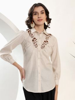 JUSTIN WHYTE - Embroidered Beige Striped Top