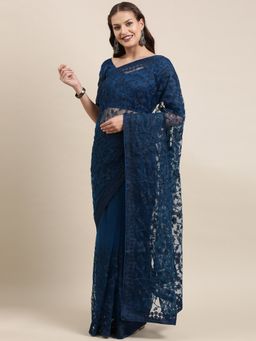 VAIRAGEE - Teal Ethnic Motifs Embroidered Net Saree with Unstitched Blouse