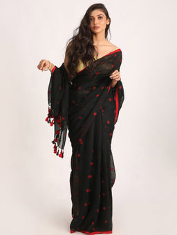 Angoshobha - Black Traditional Handloom Linen Jamdani Saree with Unstitched Blouse