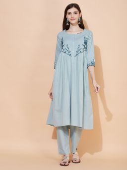 FASHOR - Floral Hand Embroidered A-Line Kurta with Pants-Powder Blue (Set of 2)