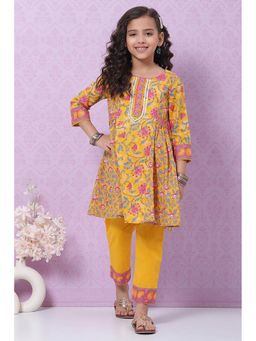 Biba - Yellow Printed Kurta (set Of 2)