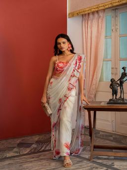 17 : 17 by Simmi Saboo - Off White Dragonfly Plunge Neck Bustier With Pant Saree (Set of 2)