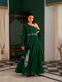 17 : 17 by Simmi Saboo - Green One Shoulder Dress With Evil Eye Patch Dupatta Belt (Set of 3)