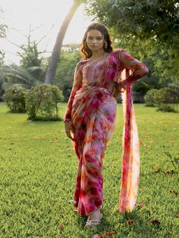 17 : 17 by Simmi Saboo - Red Ombre Round Neck Full Sleeves Bustier With Pant Saree (Set of 3)