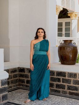 17 : 17 by Simmi Saboo - Teal Mandala Half Yoke Drape Jumpsuit Embroidered Belt (Set of 2)