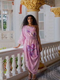 17 : 17 by Simmi Saboo - Lilac Dragonfly Cowl Dress With Braid Strap Belt (Set of 2)