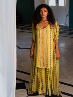 17 : 17 by Simmi Saboo - Yellow Evil Eye Kurta & Palazzo With Drawstring Jacket (Set of 3)