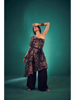 The Clothing Therapy - Navy Blue One Shoulder Top with Bustier, Pant and Belt (Set of 3)