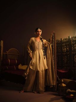 The Clothing Therapy - Cream Peplum Top with Flared Pant and Dupatta (Set of 3)