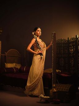 The Clothing Therapy - Blush Gold Drape Saree with Stitched Blouse