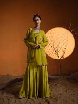 The Clothing Therapy - Yellow Lime Green Bustier with Jacket and Sharara (Set of 3)