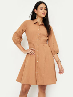 max - Women Brown Kalki Seersucker Belted Shirt Dress with Belt