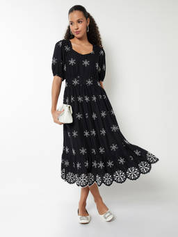 max - Women Black Embroidered Midi Dress