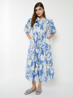 max - Women Blue Printed Shirt Dress with Belt