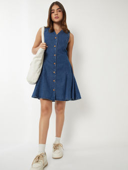max - Women Blue Panelled Denim Skater Dress